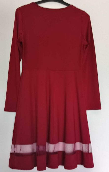 Vestido bordeaux manga comprida com detalhe em tule - S