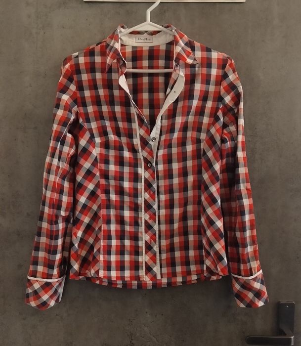 Koszula kolorowa krata taliowana - damska w kratkę czerwona biała