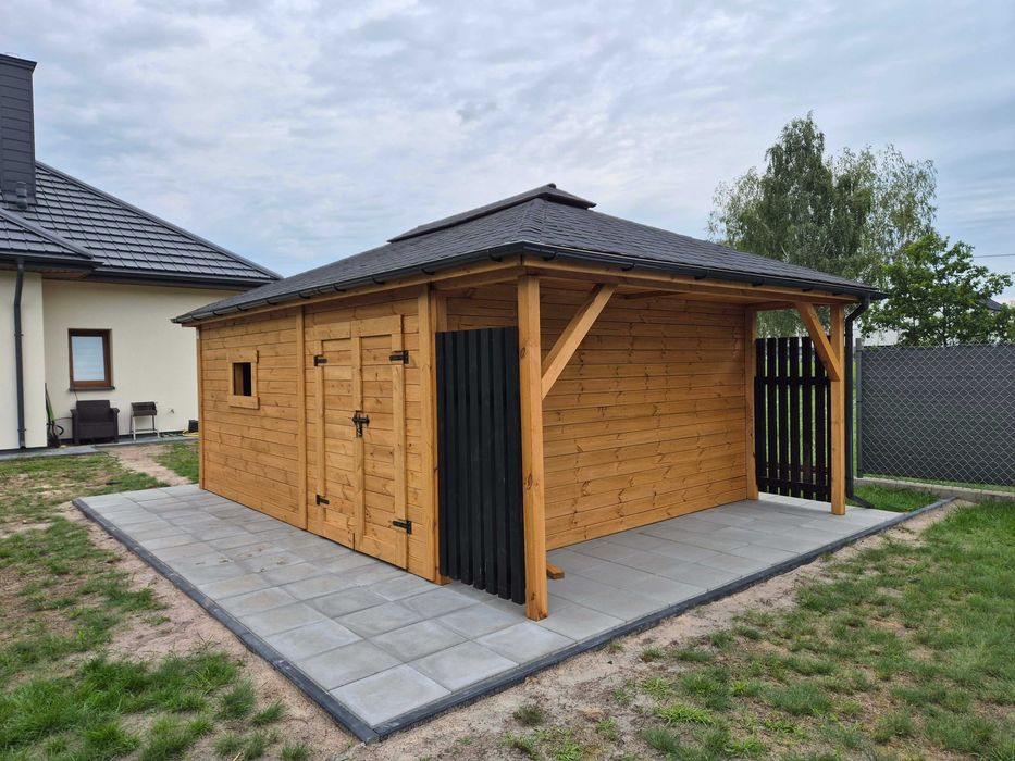 Domek narzędziowy BAMBI 4x6 m z lamelami i drewutnią