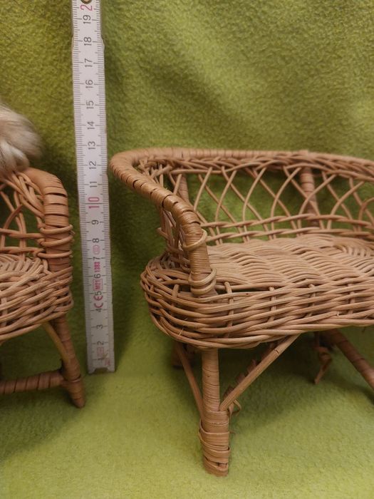 Vintage wiklinowe mebelki dla lalek sofa fotele