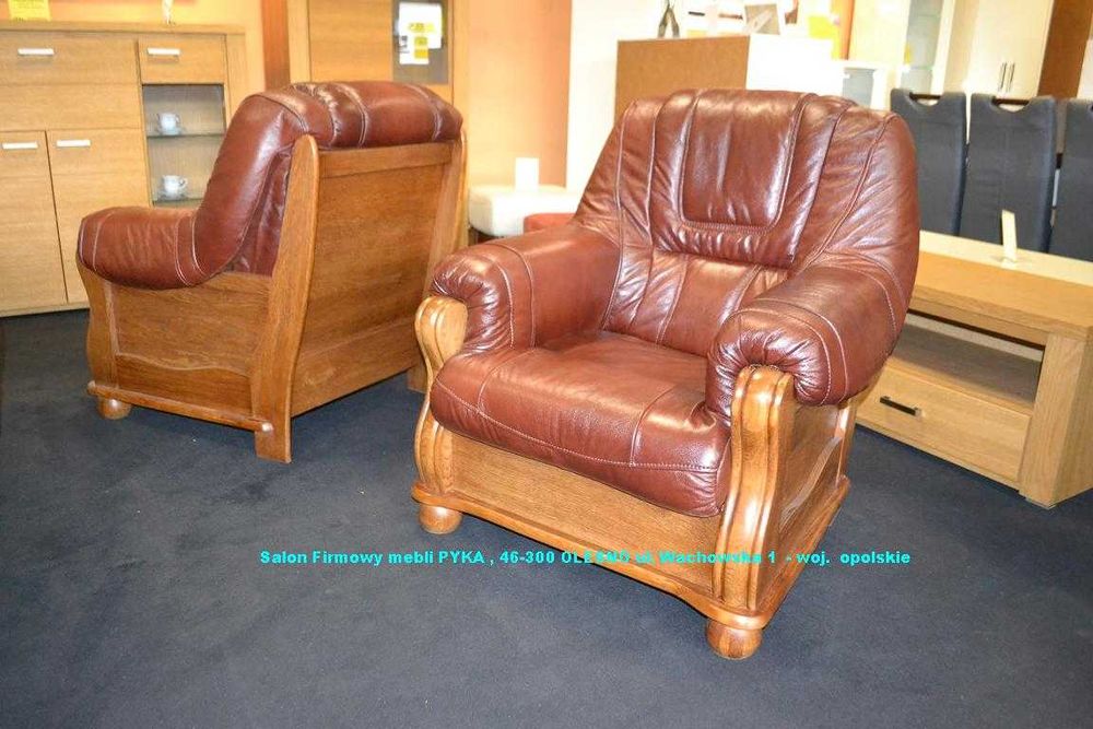 Nowy Komplet 3+1+1 ROMA , SKÓRA NATURALNA + Dąb, -25% MEBLE PYKA