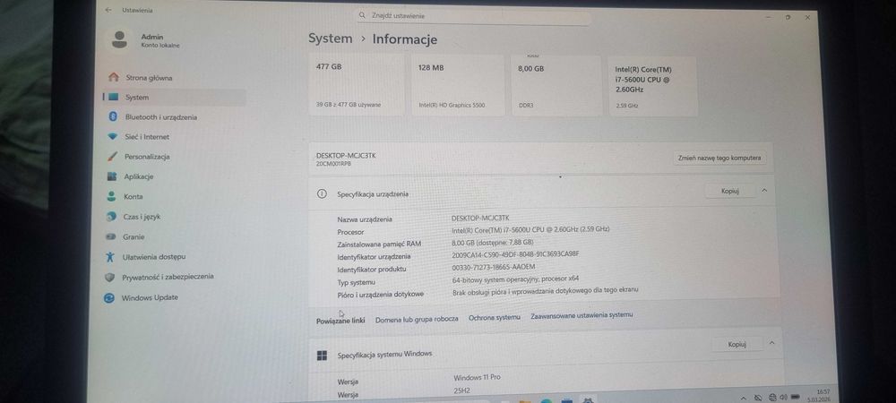 Lenovo ThinkPad X250, i7-5600U, 8GB/500GB SSD, W11 PRO