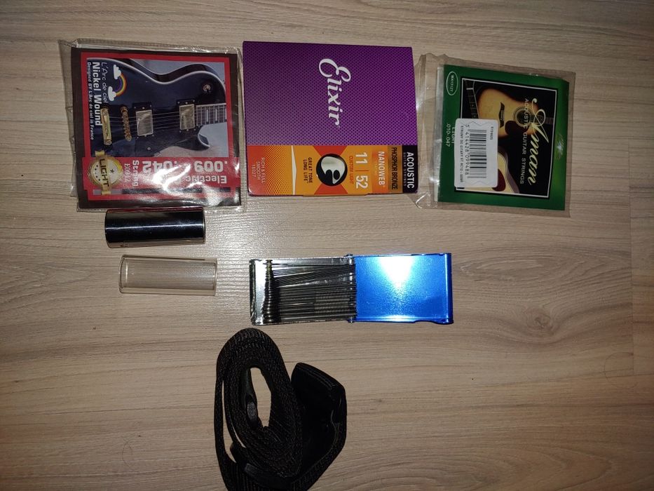 Akcesoria do gitary pasek pilnik slide x2, struny 3szt