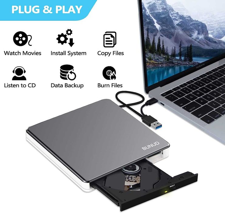 Zewnętrzny napęd CD DVD USB 3.0 typu C Slim BUNUD CT10
