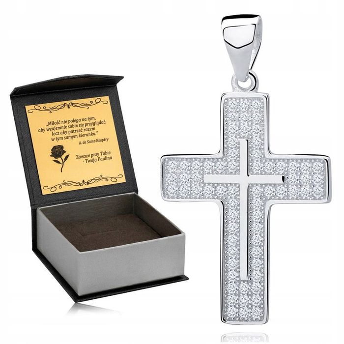 Lśniący Srebrny Krzyżyk Srebro Próby 925 Rodowany Krzyż + Cyrkonie + G