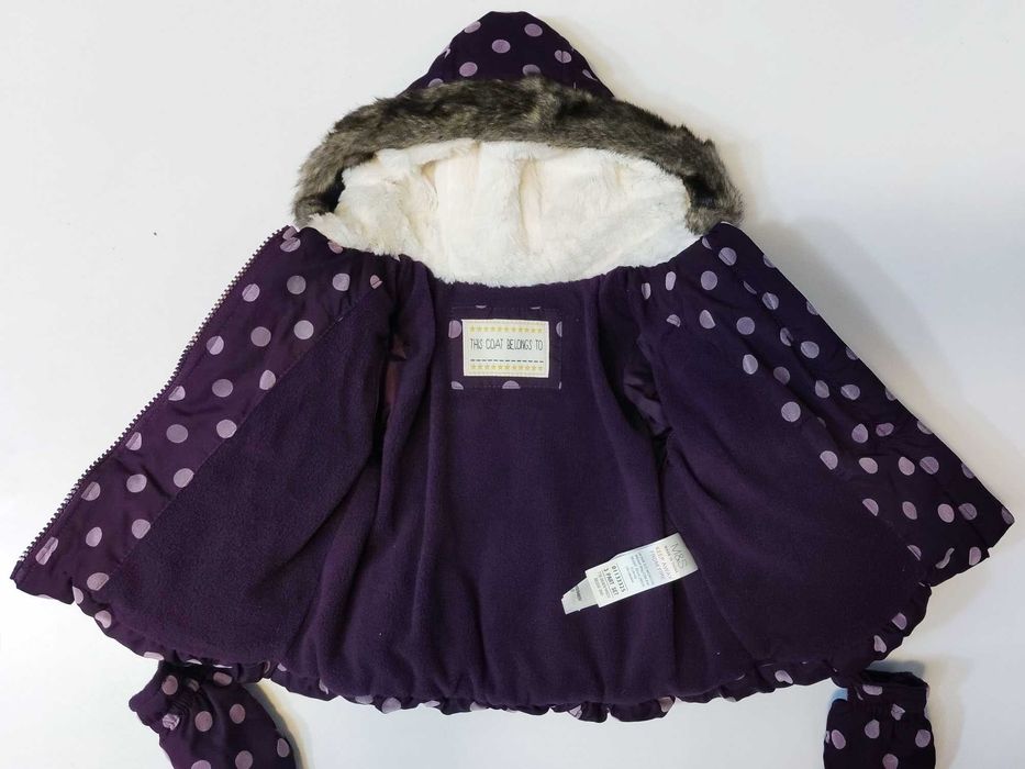 56 62 M&S 2w1 Kurtka zimowa + Rękawiczki Ciepła Kaptur Futro Fioletowa