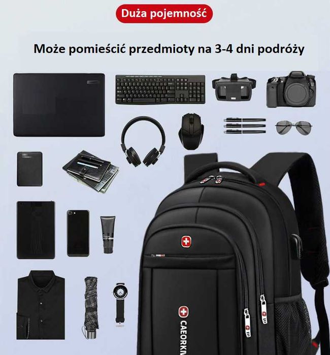 Wodoodporny POJEMNY PLECAK z portem USB + GRATIS
