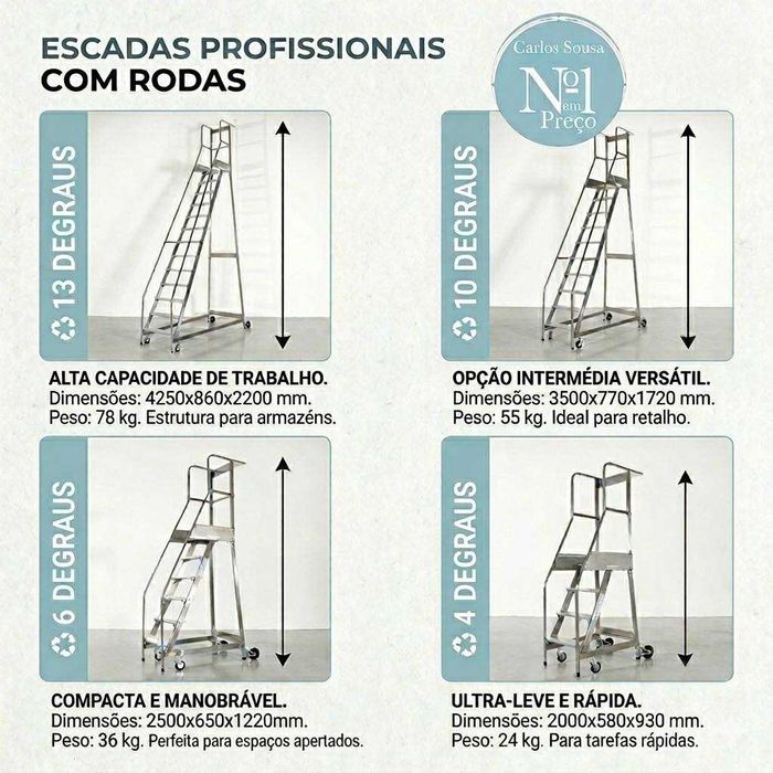 Escadas industriais em alumínio com plataforma de trabalho