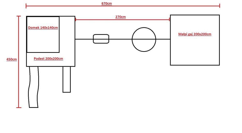 Plac zabaw "mała stodoła" z dużym podestem i małpim gajem, domek
