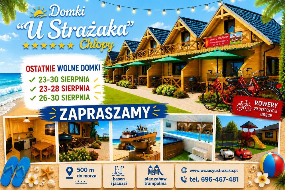 Domki "U Strażaka" w Chłopach (podgrzewany zadaszony basen i jacuzzi, 500 m do morza