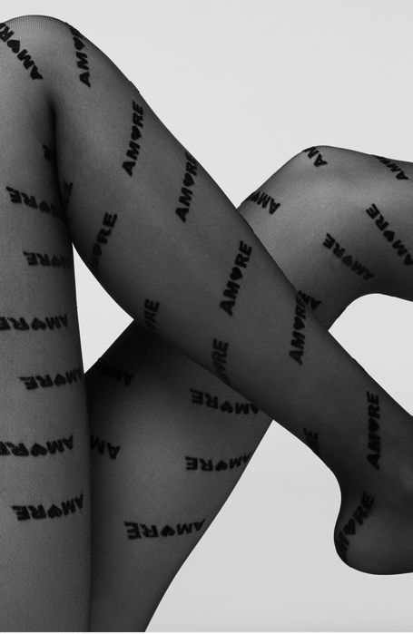 Rajstopy Calzedonia s/m czarne flokowane z napisem AMORE