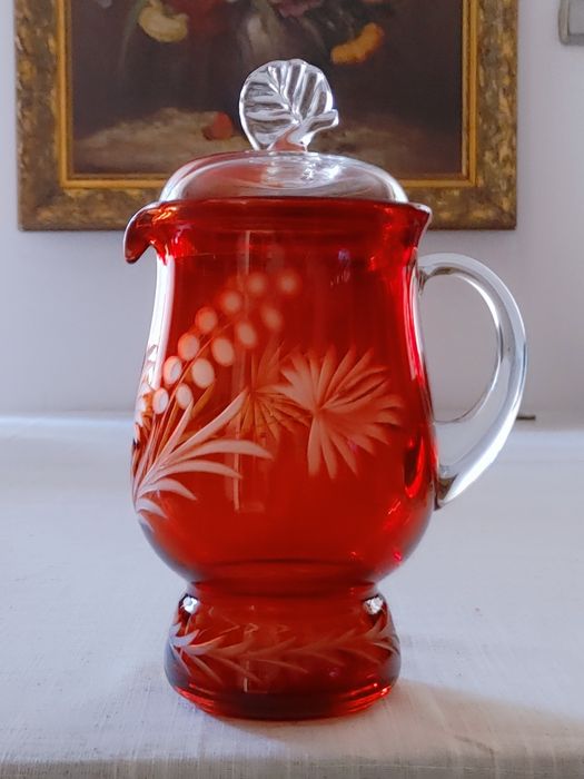Dzbanek szklany z przykrywką, szkło kolorowe, pokrywka prl retro