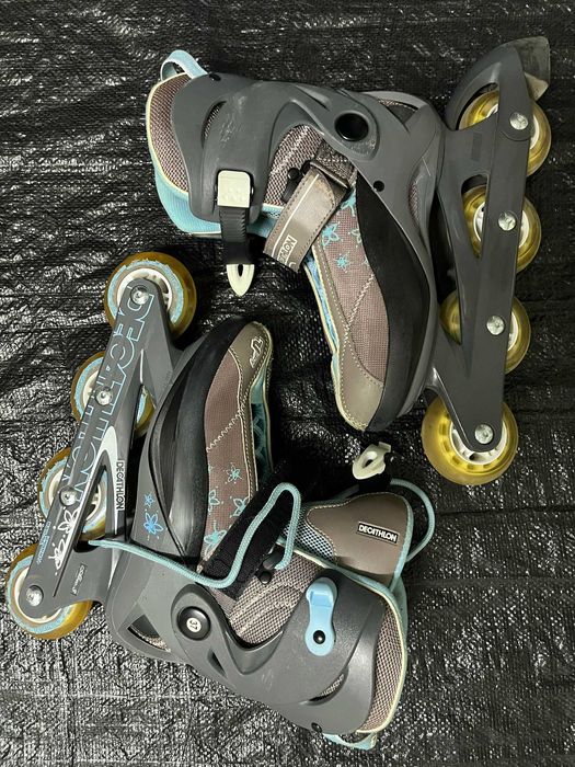 Patins em linha, com proteções e saco para patins