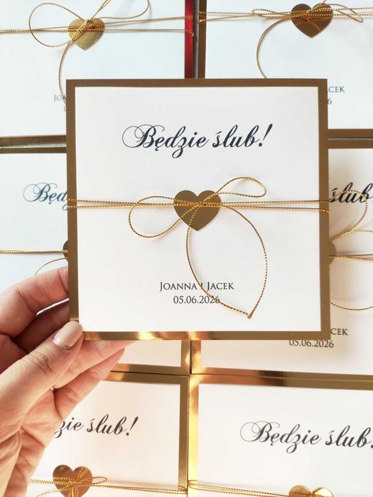 Zaproszenia ślubne klasyczne glamour złote serce kwadratowe
