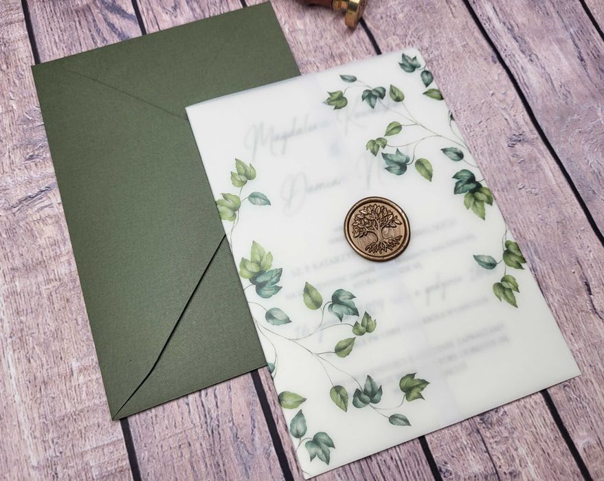 Zaproszenia ślubne, kalka z pieczęcią motyw drzewa, liści
