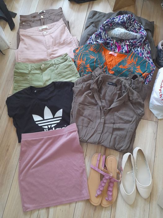 Paka ciuchów damskich płaszcz kurtka sandały baleriny spodnie rozm.M