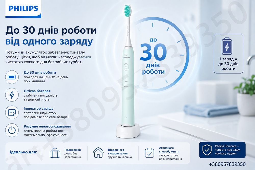 Зубна щітка Philips Sonicare Series 2100 HX2421/02 — звукове очищення, 2 режими, IPX7, до 30 днів роботи та 3 насадки в комплекті.