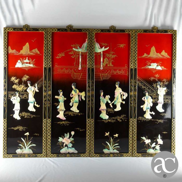 Conjunto de 4 painéis de parede em Laca e madrepérola pintados à mão