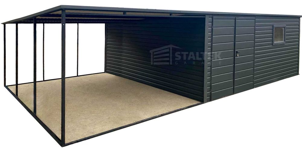 Garaż Blaszany 5x4m Wiata Brama dwuskrzydłowa Okno spad w tył ST193