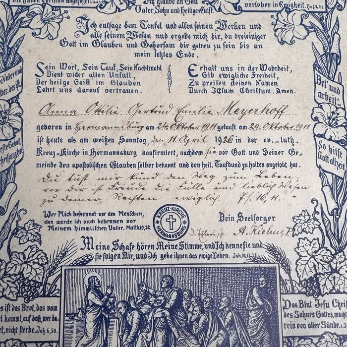 Zabytkowe świadectwo konfirmacji 1926 r. – Hermannsburg, piękna grafika