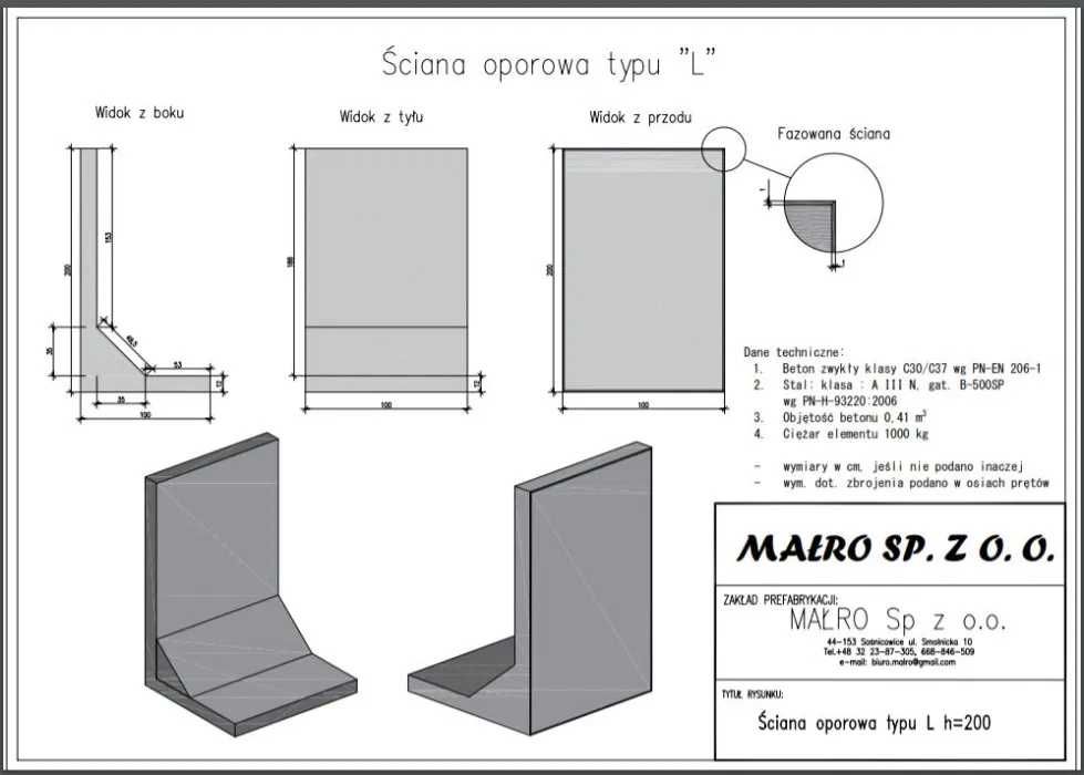 Mur oporowy typu L, mury oporowe elki 200x100 prefabrykat muru elki