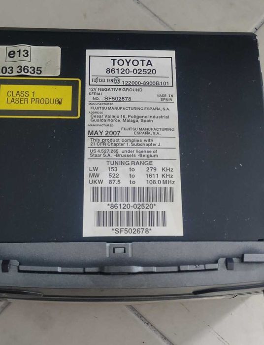 Auto Rádio Original Toyota Auris (2007) – CD / MP3 / FM-AM