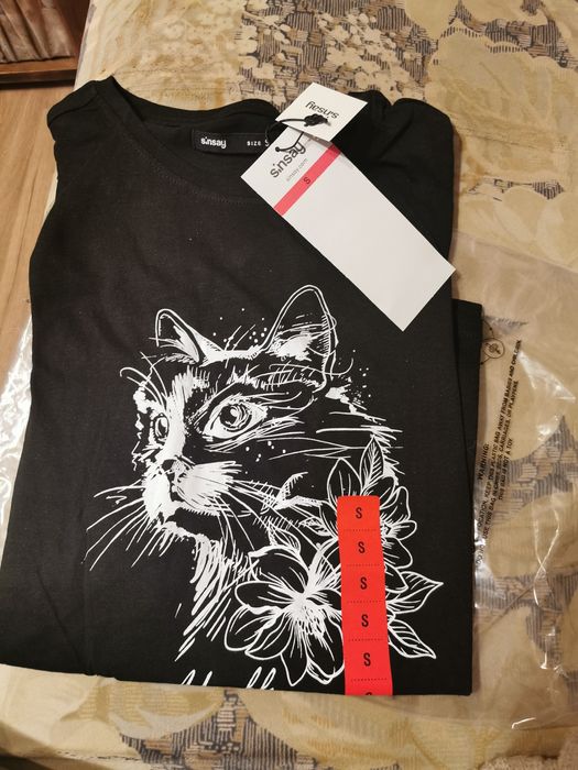 Koszulka czarna z kotem bawełna rozmiar s