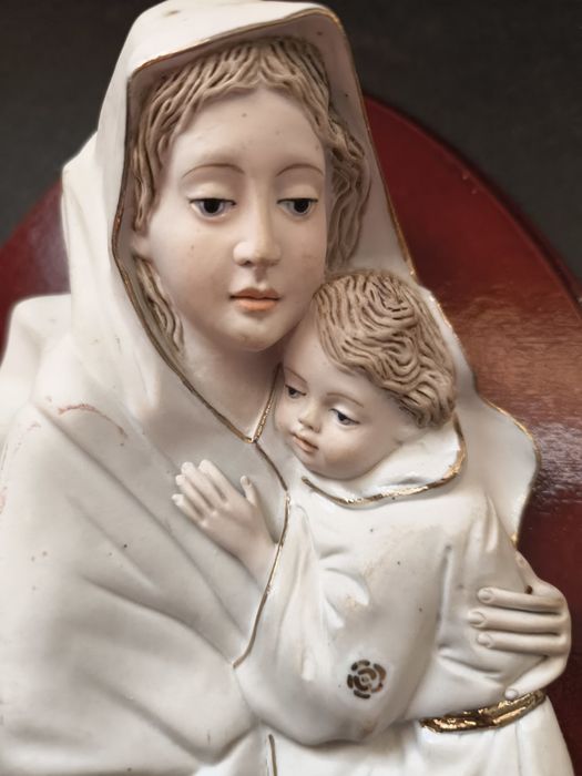 Quadro em Cerâmica e Madeira Virgem Maria c/Menino.
