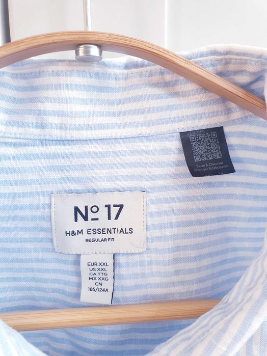 Biała koszula lniana w niebieskie paski H&M XL 2XL