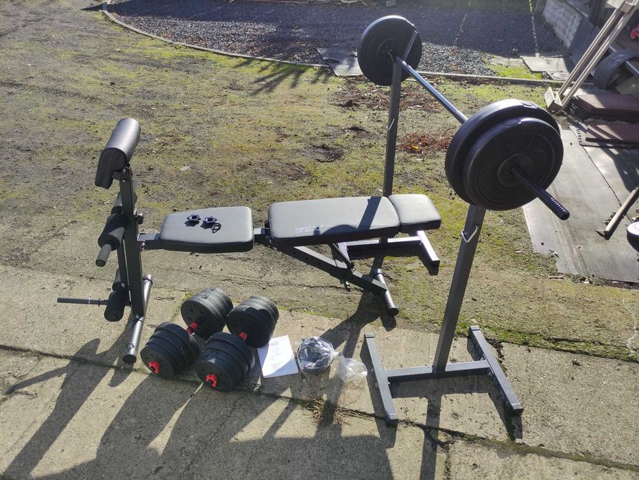 Ławka ławeczka do ćwiczeń stojaki regulowane gryf obciążenie 85kg