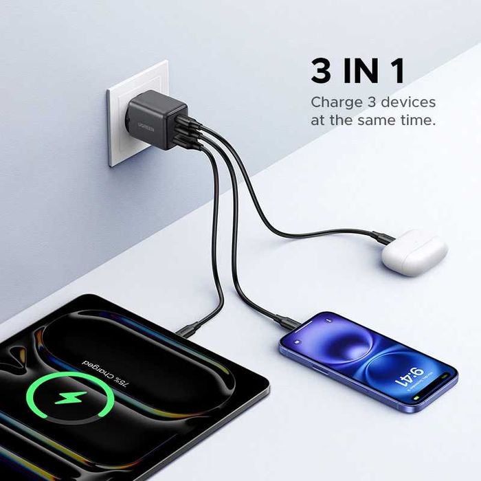 Зарядний пристрій UGREEN X515 GaN 30W Fast Charger (3-портовий, USB-C x2 + USB-A)