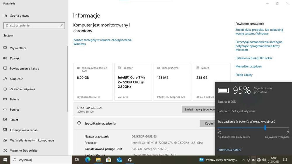 laptop 12" Lenovo x270 i5 8GBRAM podś klaw i czytnik lini papilarnych