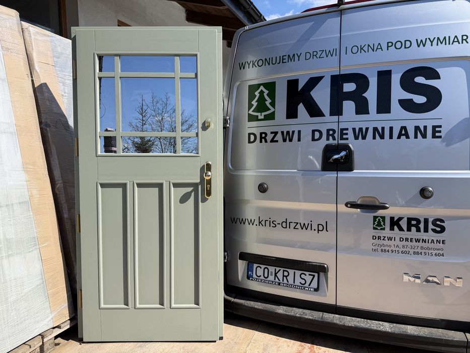 Drzwi zewnętrzne drewniane OD RĘKI oliwkowe zielone Cała Polska RAL 7033