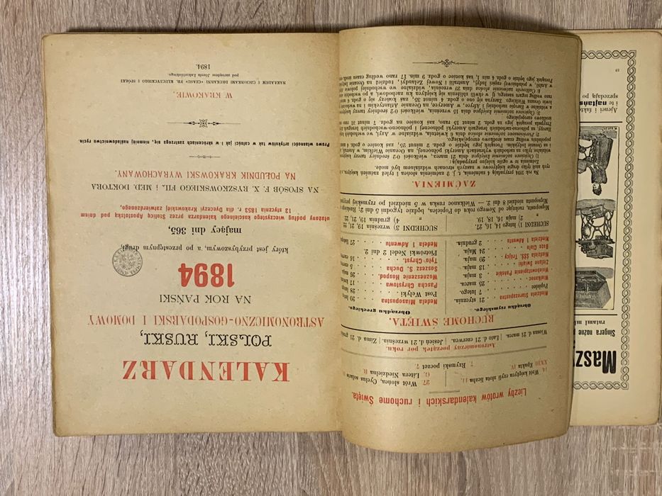 Józefa Czecha Kalendarz Krakowski na rok 1894 oryginał