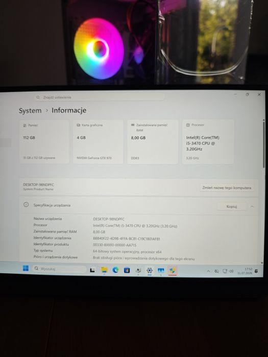 Komputer gamingowy Intel i5 GTX 970 SSD RGB e-sport akwarium
