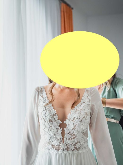Muślinowa suknia ślubna BOHO z długimi rękawami