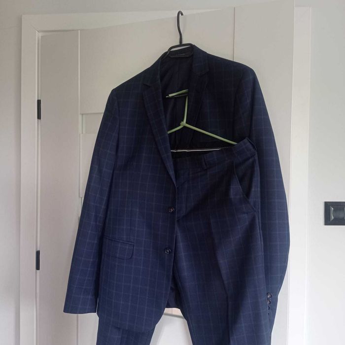 Garnitur w kratę granatowy ślub wesele elegancki wełna