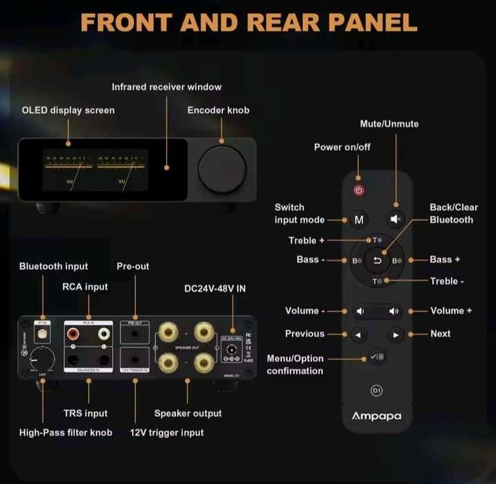 Ampapa D1 Hi-Fi підсилювач з HPF фільтром Bluetooth 5.2