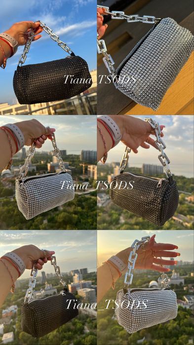 Сумочка в стразах блестящая сумка с камнями серебряный Клач на цепочке