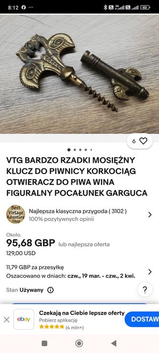 zabytkowy, mosiężny otwieracz do butelek, korkociąg