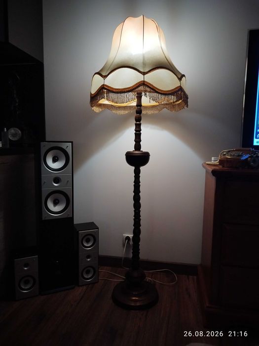 Lampa stojąca stara drewno mosiądz