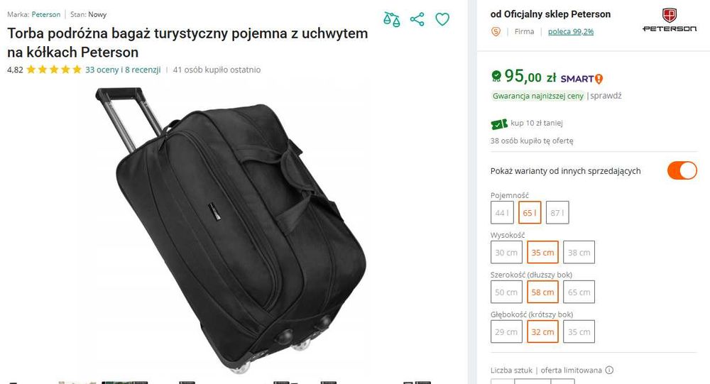 Duża torba podróżna z chowanym uchwytem na kółkach