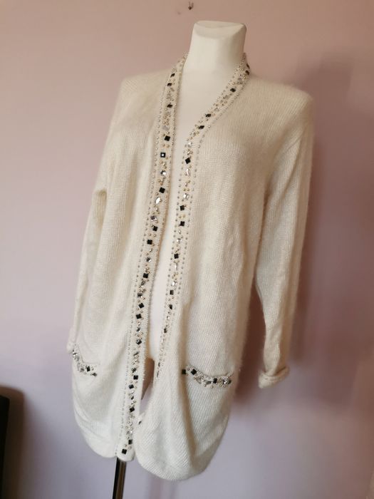Sweter kardigan wełniany wełna angora kremowy beżowy kryształki L 40