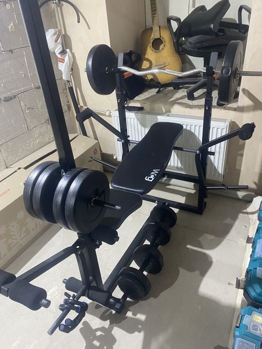 Тренажер , універсальна лава + комплект штанга і гантелі