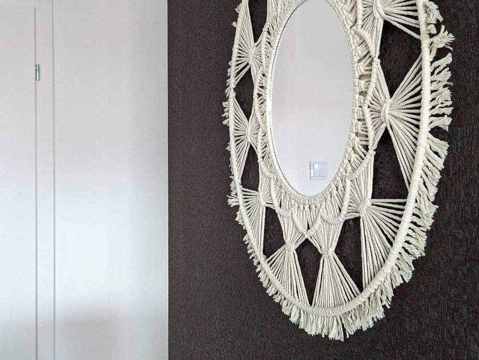 Lustro okrągłe z plecionką boho makrama 65 cm wiszące dekoracja