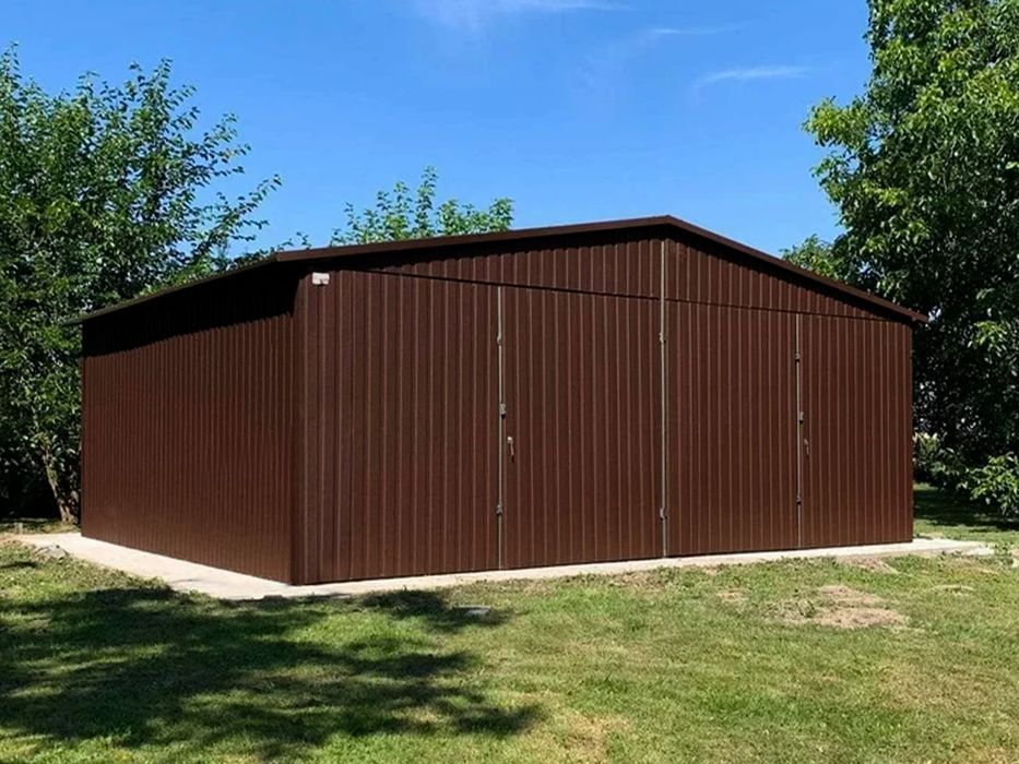 Garaż blaszany dwustanowiskowy 6x5 m ciemny brąz - Dach dwuspadowy, Br