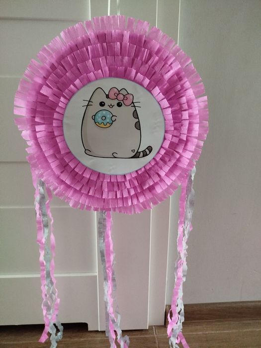 Piniata Kot Pusheen różowo szara plus tasiemki