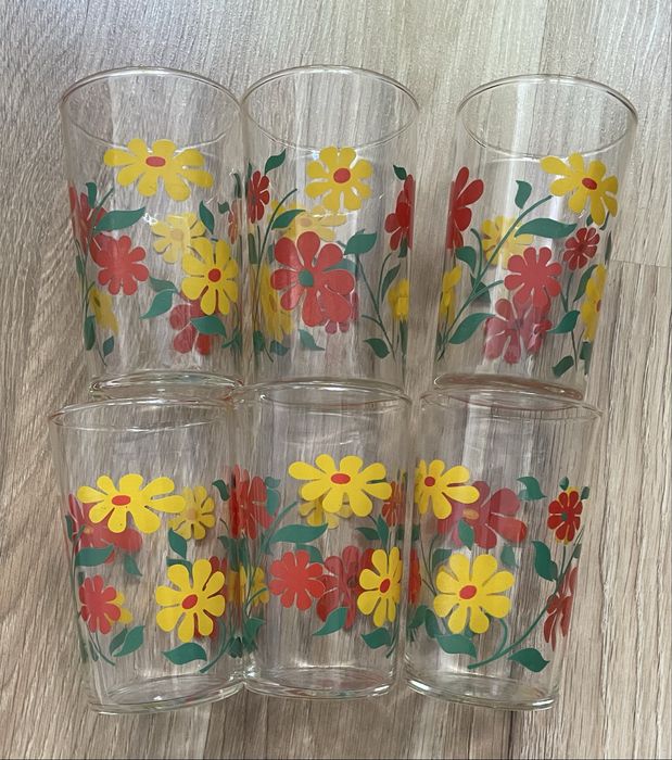 Szklanka vintage 6 sztuk szklanki kwiaty prl