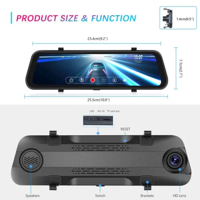 Espelho retrovisor 9,66 polegadas DashCam com 2 Câmaras 4K HD DVR NOVO