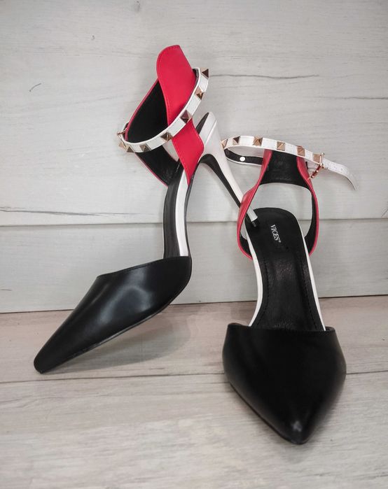 Buty na obcasie szpilki czarne-biało-czerwone nowe rozm. 41, 27cm.